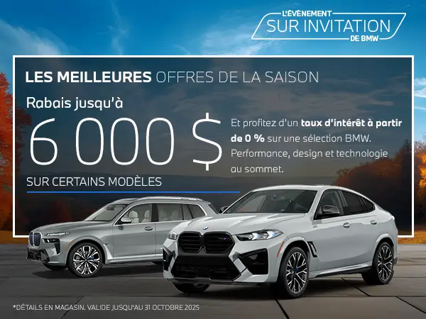 Bannière de Rabais allant jusqu’à 6 000 $ sur certains modèles BMW